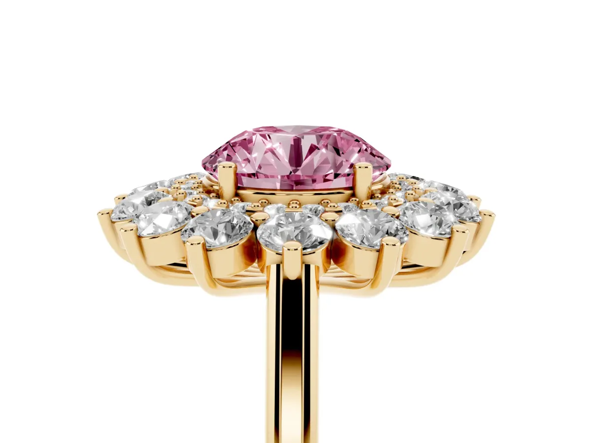 Fancy Pink Round Cut Diamond Floral Double Halo Engagement Ring with Prong Setting Yellow gold