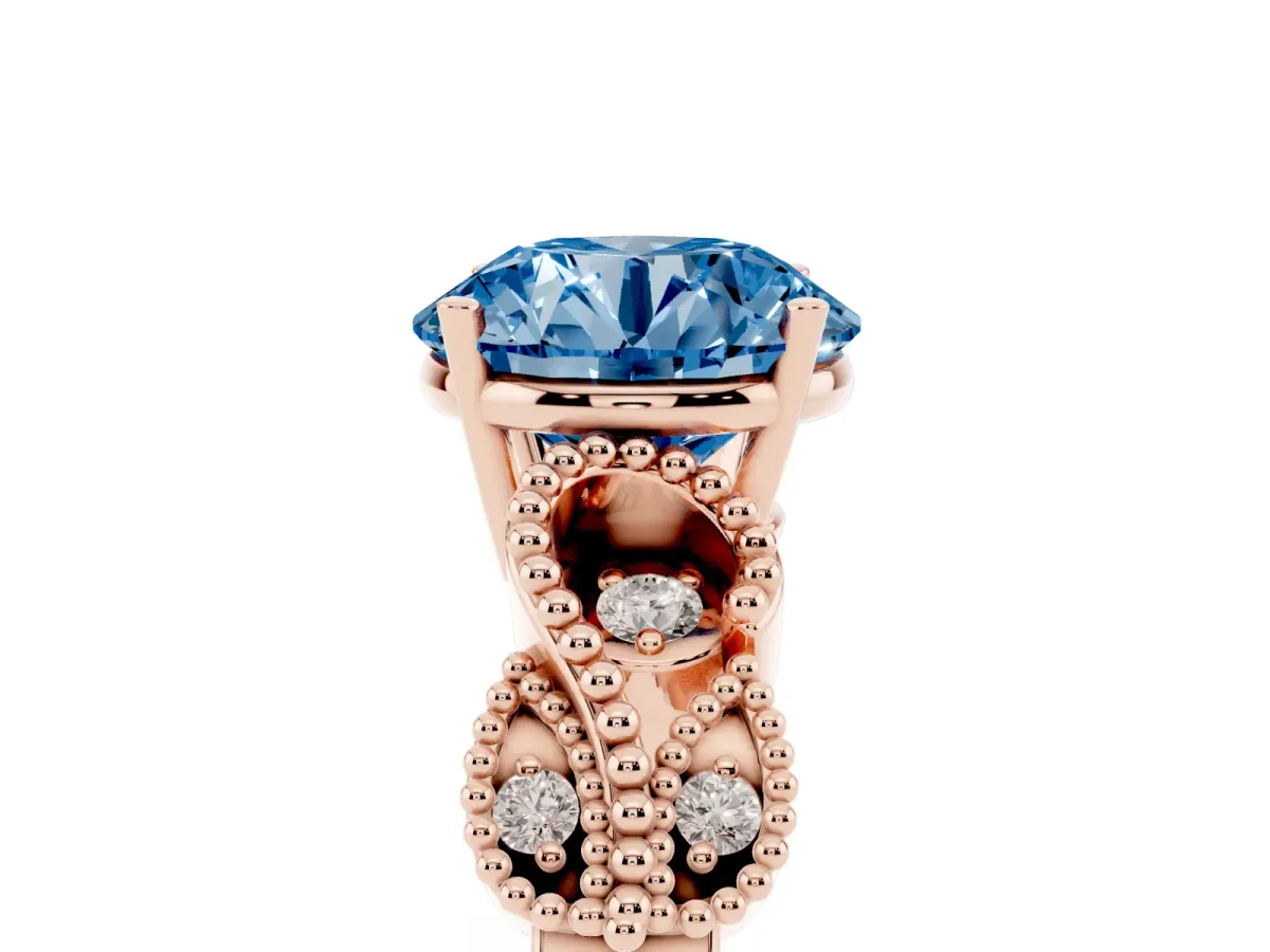 Fancy Blue Round Cut Solitaire Milgrain Leaf Band with Prong Setting Rose gold