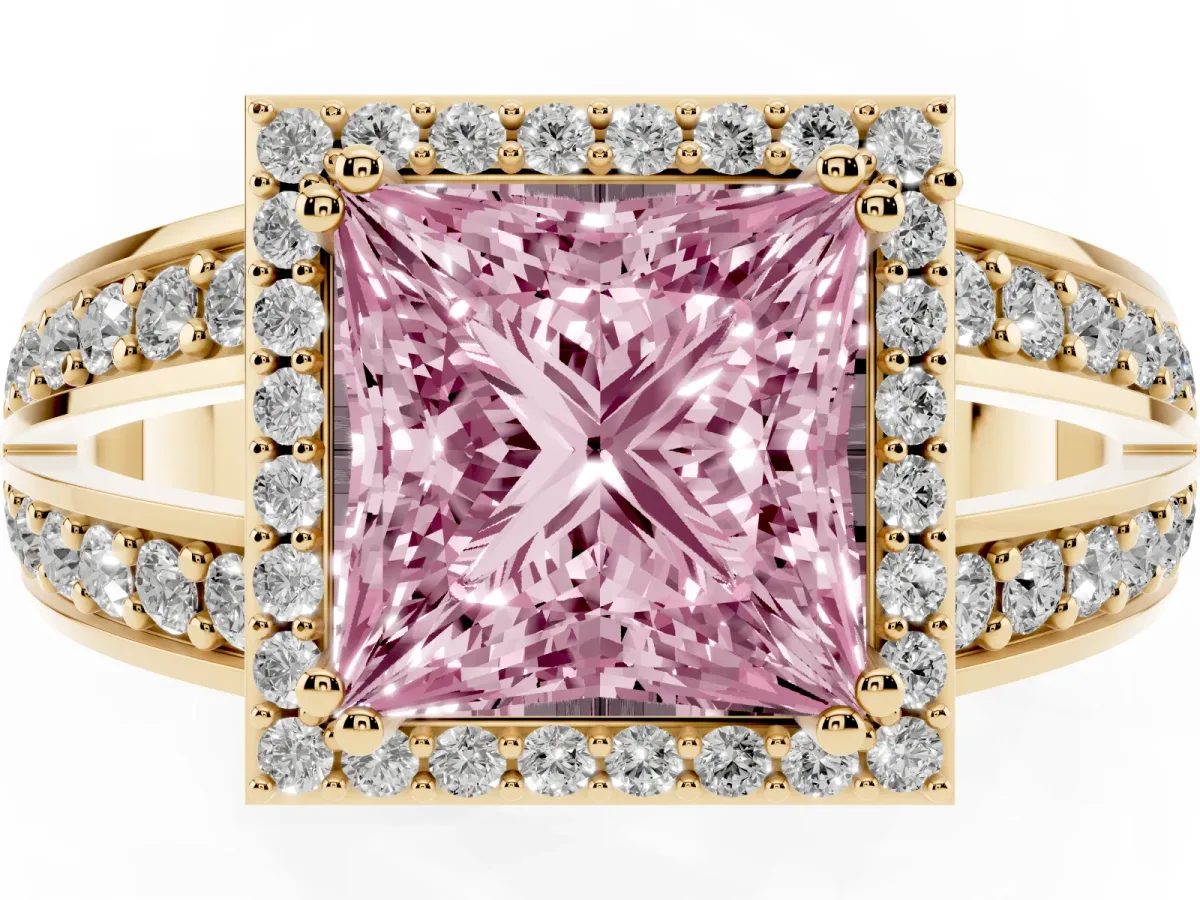 Fancy Pink Princess Cut Diamond Halo Ring with Split Shank Pavé Band and Four-Prong Setting Yellow gold