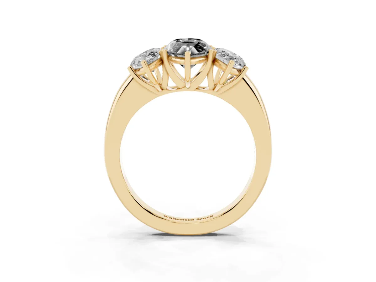 Fancy Black Marquise Cut Diamond Three-Stone Ring with Four-Prong Setting and Classic Band Yellow gold