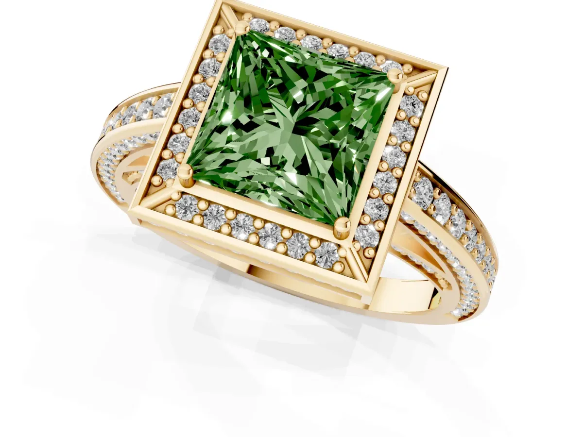 Fancy Green Princess Cut Cut Halo Pave Split Shank Prong Setting Ring Yellow gold