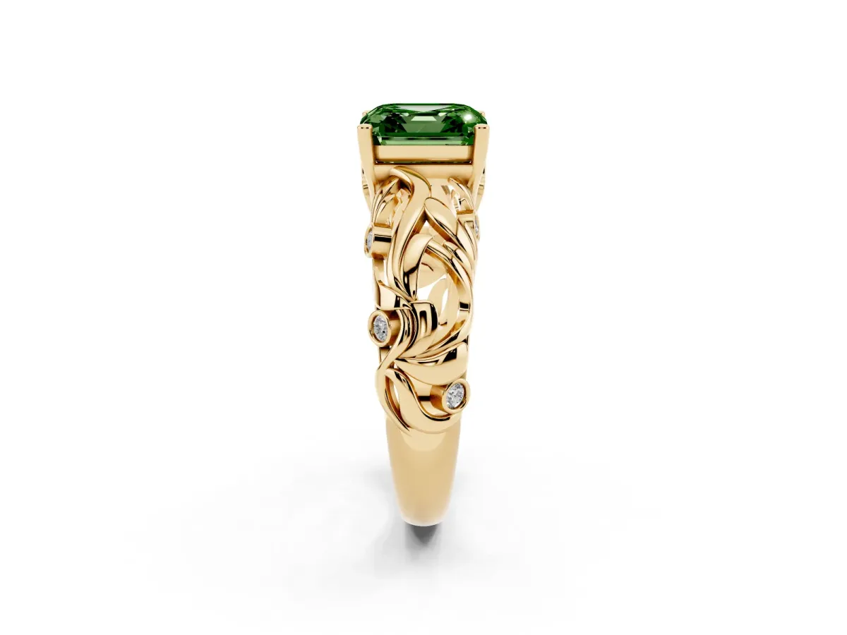 Fancy Green Asscher Cut Solitaire Diamond Leaf-Inspired Vine Band Ring with Prong Setting Yellow gold