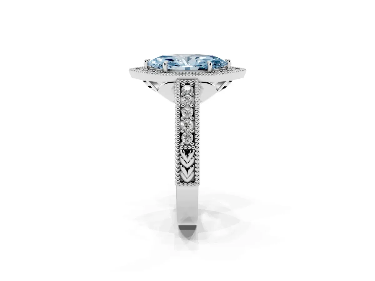 Fancy Blue Marquise Cut Cut Halo Diamond Ring with Pavé Band and Four-Prong Setting White gold