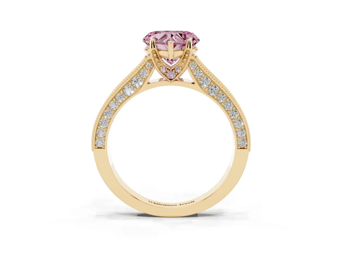 Fancy Pink Heart Cut Cut Diamond Solitaire Ring with Milgrain Pave Band and Four Prong Setting Yellow gold