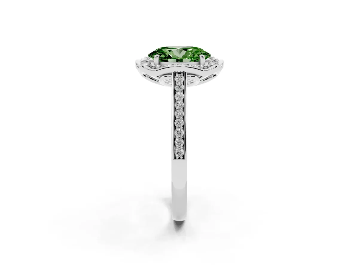 Fancy Green Oval Cut Halo Round Diamond Pave Band with Four-Prong Setting Platinum