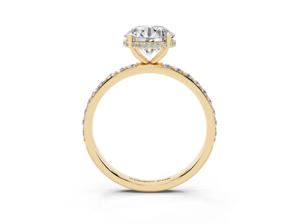 Round Cut Diamond Solitaire Ring with Pavé Band and Hidden Halo Yellow gold