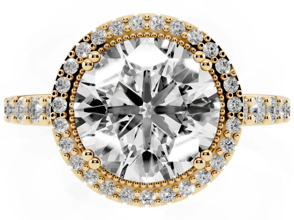 Round Cut Cut Diamond Halo Engagement Ring with Milgrain Detail and Pavé Band Yellow gold