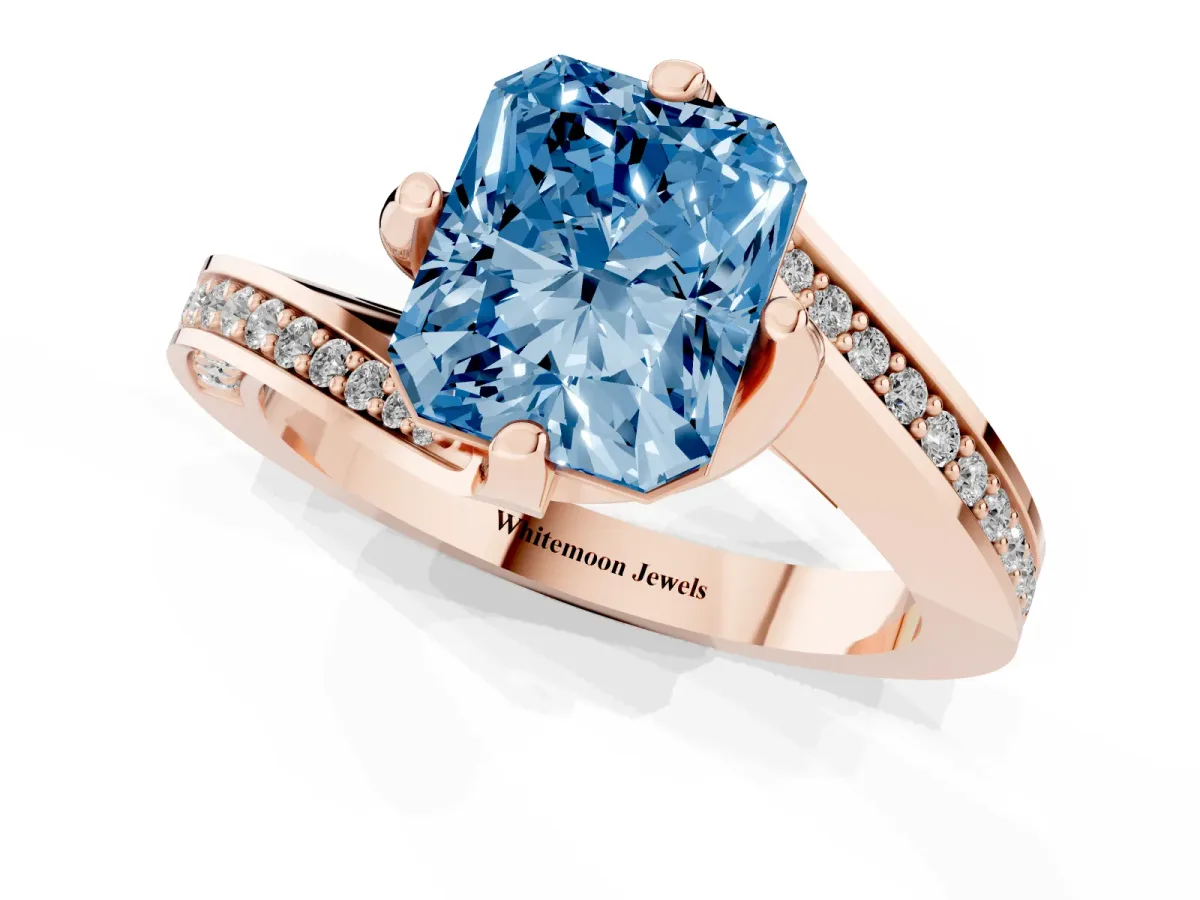 Fancy Blue Radiant Cut Solitaire Diamond Twist Band with Pavé Setting and Four-Prong Setting Rose gold