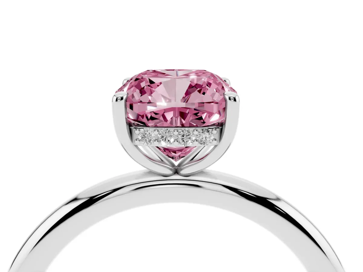 Fancy Pink Cushion Cut Diamond Solitaire Ring with Thin Band and Four-Prong Setting Platinum