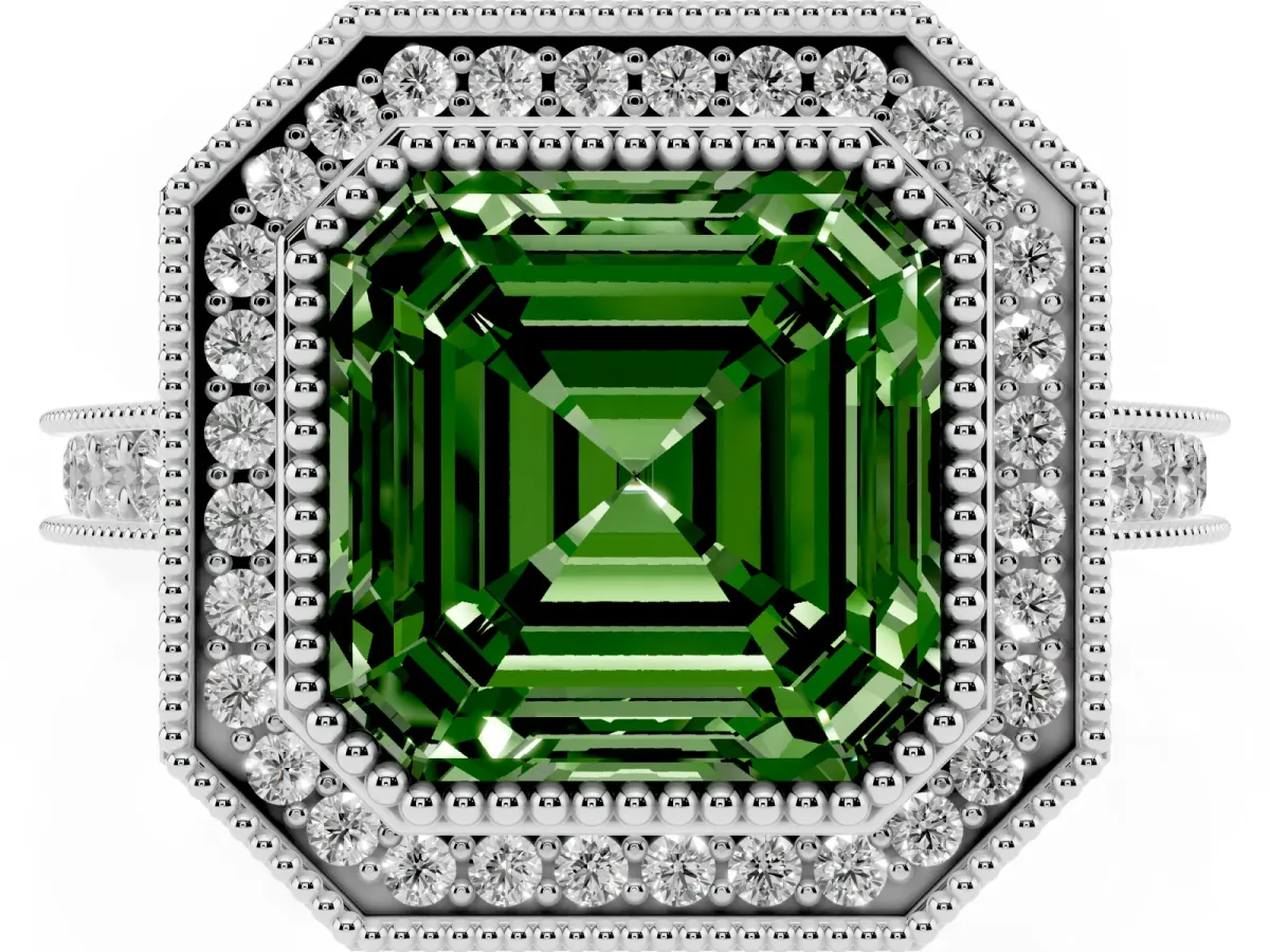 Fancy Green Halo Asscher Cut-Cut Diamond Pave Band Milgrain Prong Setting Ring Platinum