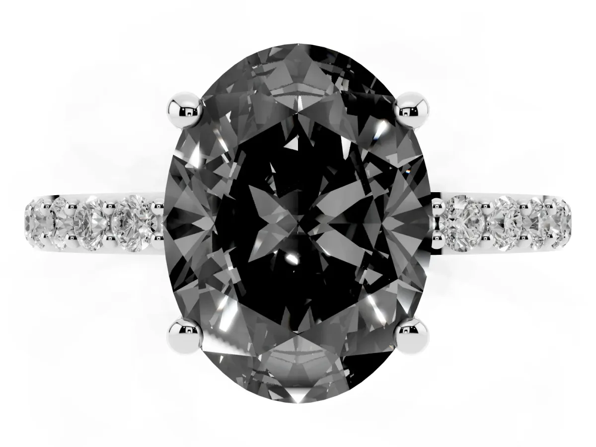Fancy Black Oval Cut Diamond Solitaire Ring with Round Pavé Band and Prong Setting Silver