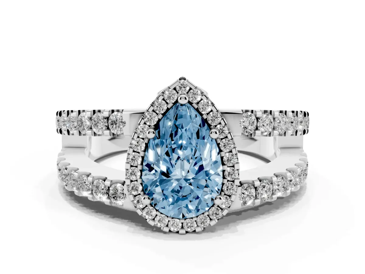 Fancy Blue Pear Cut Cut Halo Split Shank Diamond Ring with Four-Prong Setting Silver