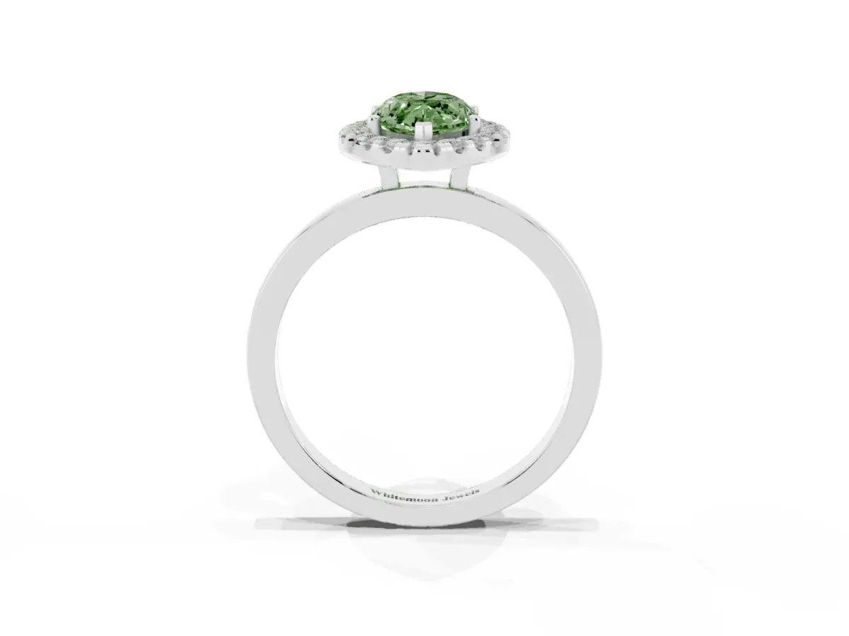 Fancy Green Marquise Cut Halo Diamond Solitaire with Pavé Band and Four-Prong Setting White gold