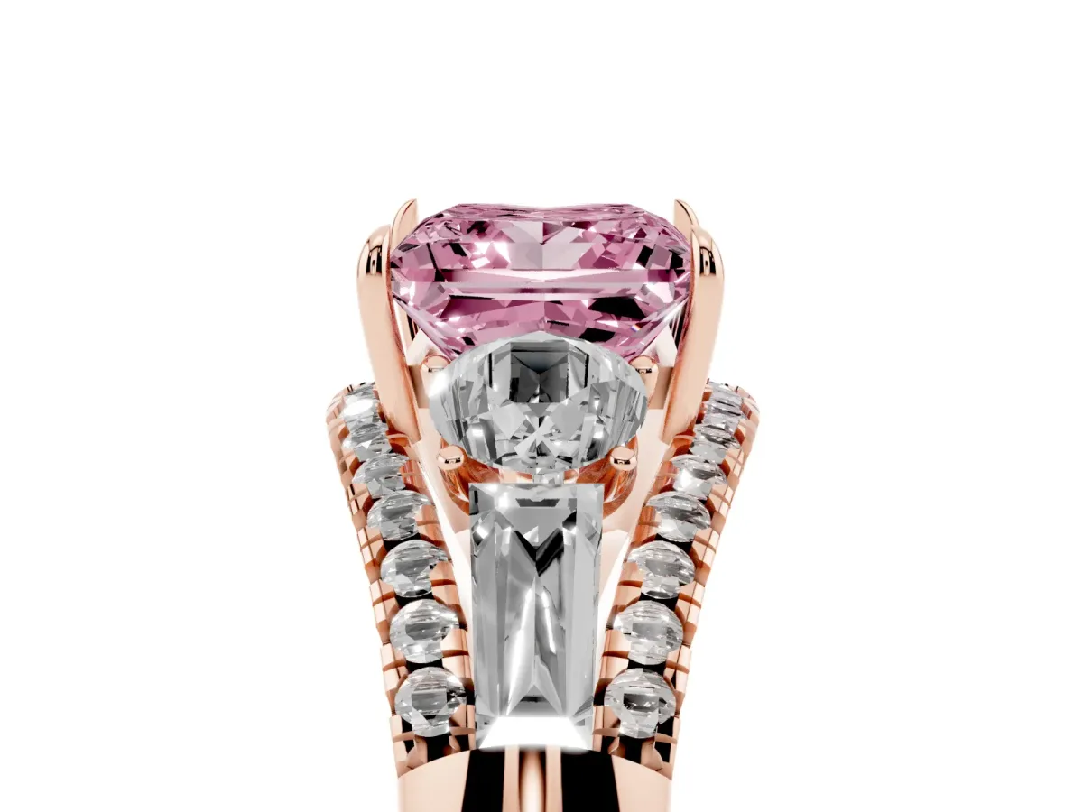 Fancy Pink Three-Stone Princess Cut Diamond Engagement Ring with Pave Band and Prong Setting Rose gold