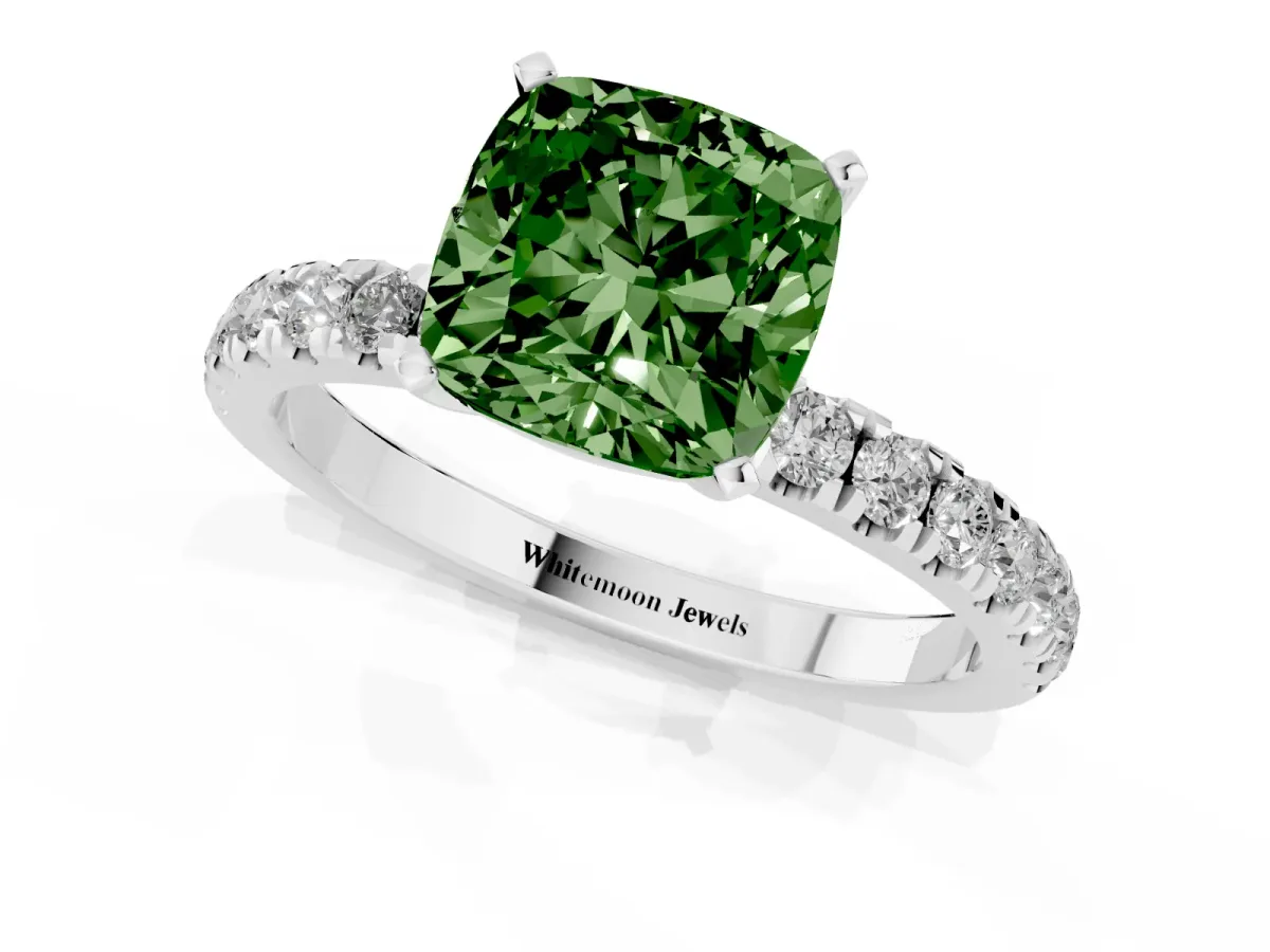 Fancy Green Cushion Cut Diamond Solitaire Ring with Pavé Accents and Four-Prong Setting White gold