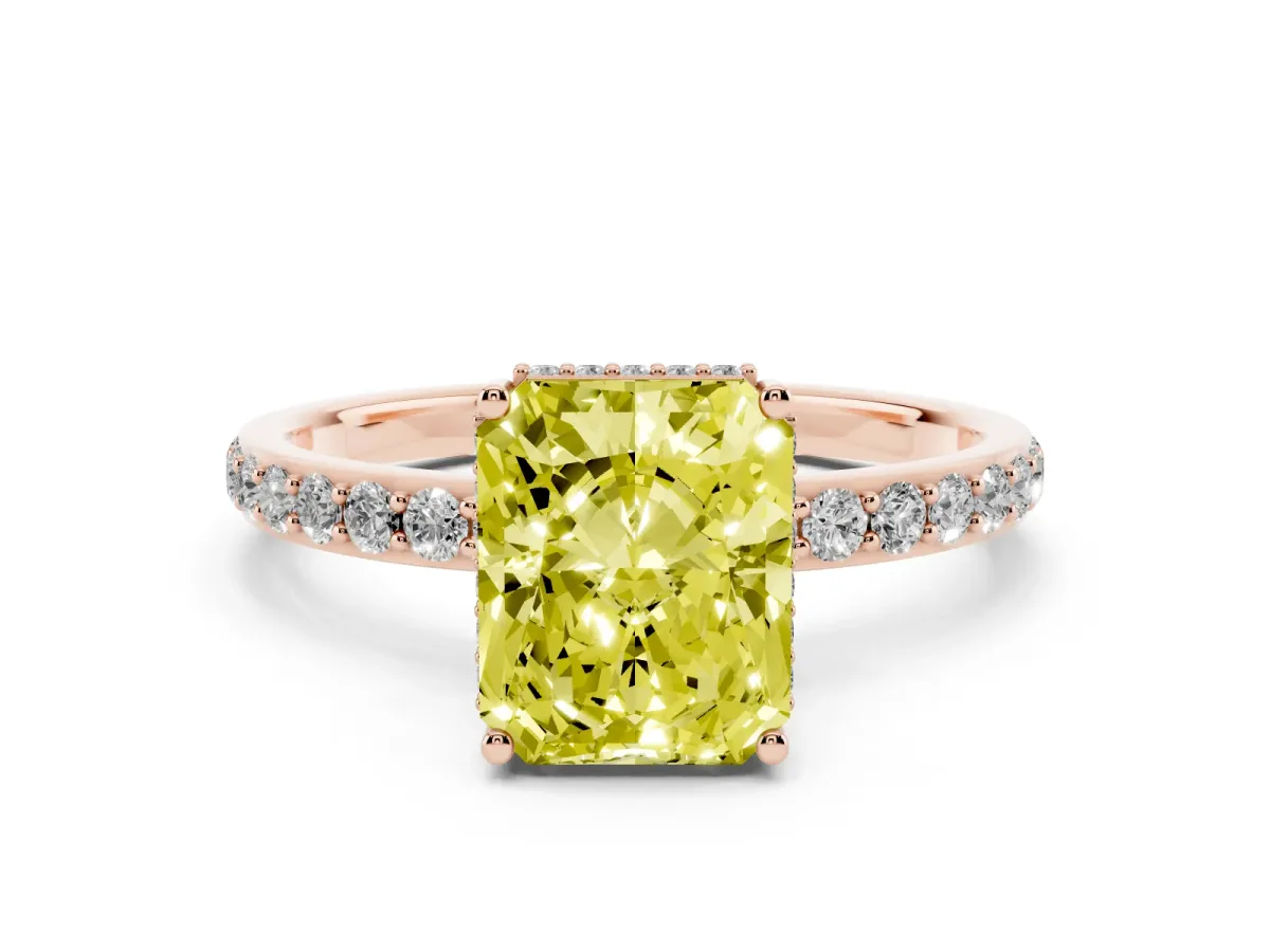 Fancy Yellow Radiant Cut Diamond Solitaire Ring with Pavé Band and Hidden Halo Rose gold
