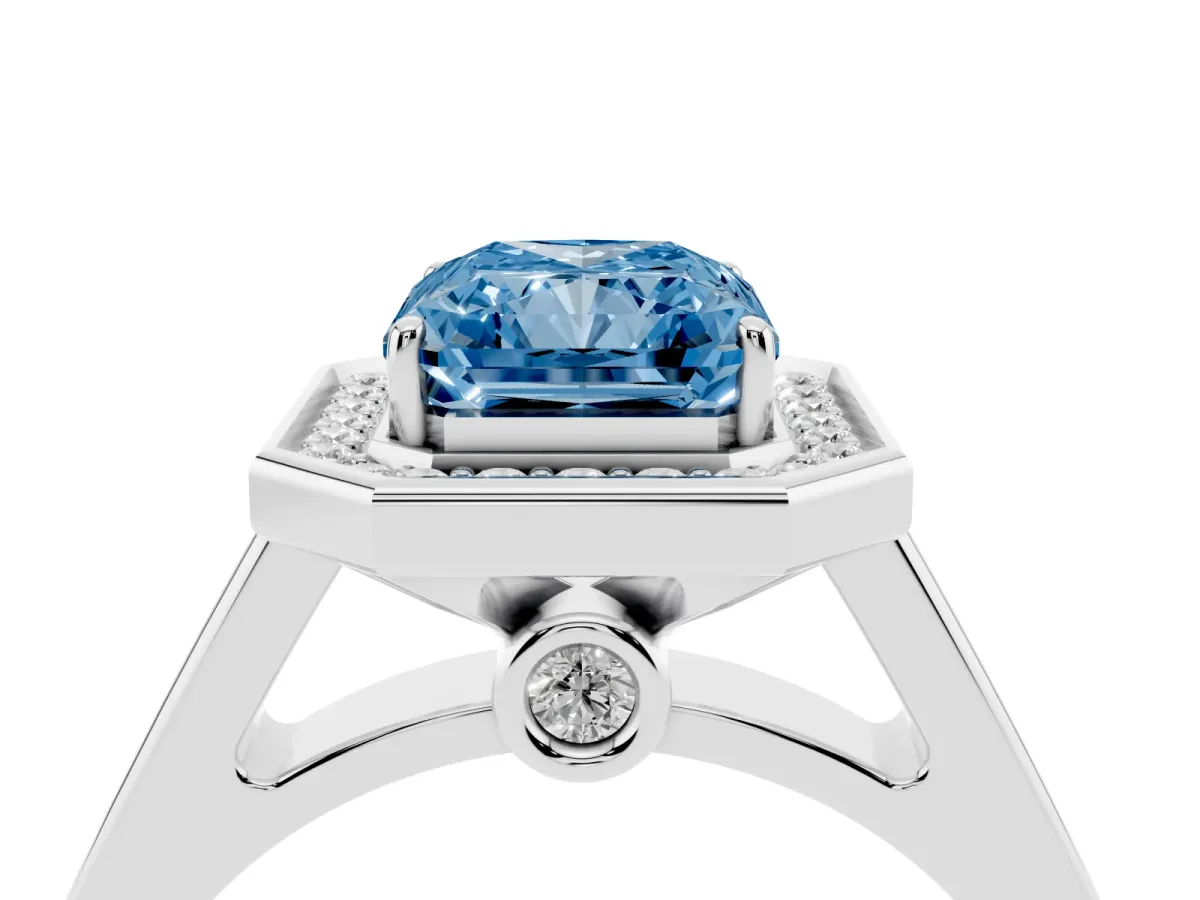 Fancy Blue Emerald Cut Halo Solitaire Diamond Ring with Pave Band and Bezel Setting Silver