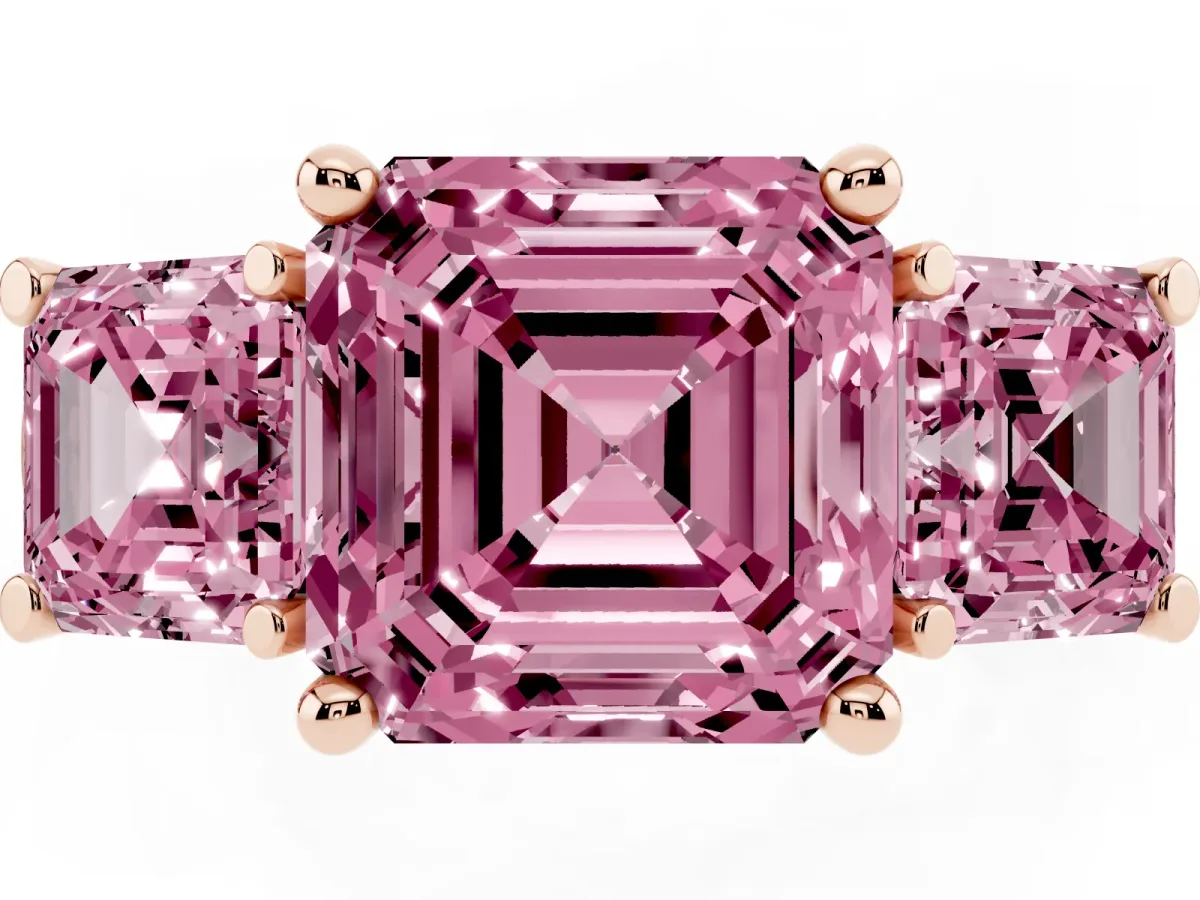 Fancy Pink Three-Stone Asscher Cut Brilliant Diamond Trellis Ring with Comfort Fit Band Rose gold