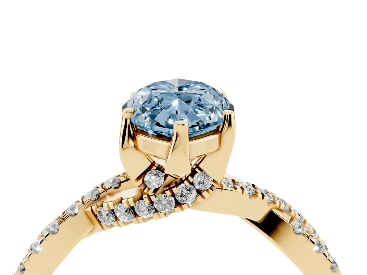 Fancy Blue Marquise Cut Solitaire Twist Pave Diamond Engagement Ring with Prong Setting Yellow gold