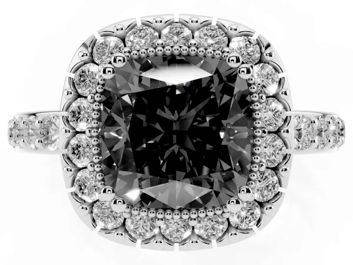 Fancy Black Cushion Cut Diamond Halo Ring with Pavé Band and Prong Setting Silver