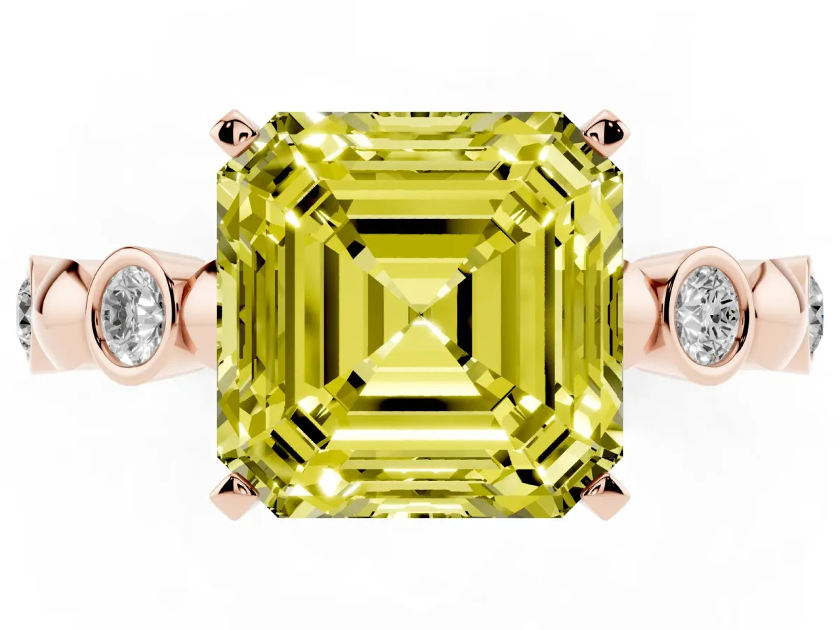 Fancy Yellow Asscher Cut Solitaire Bezel-Set Diamond Ring with Beaded Band and Four-Prong Setting Rose gold