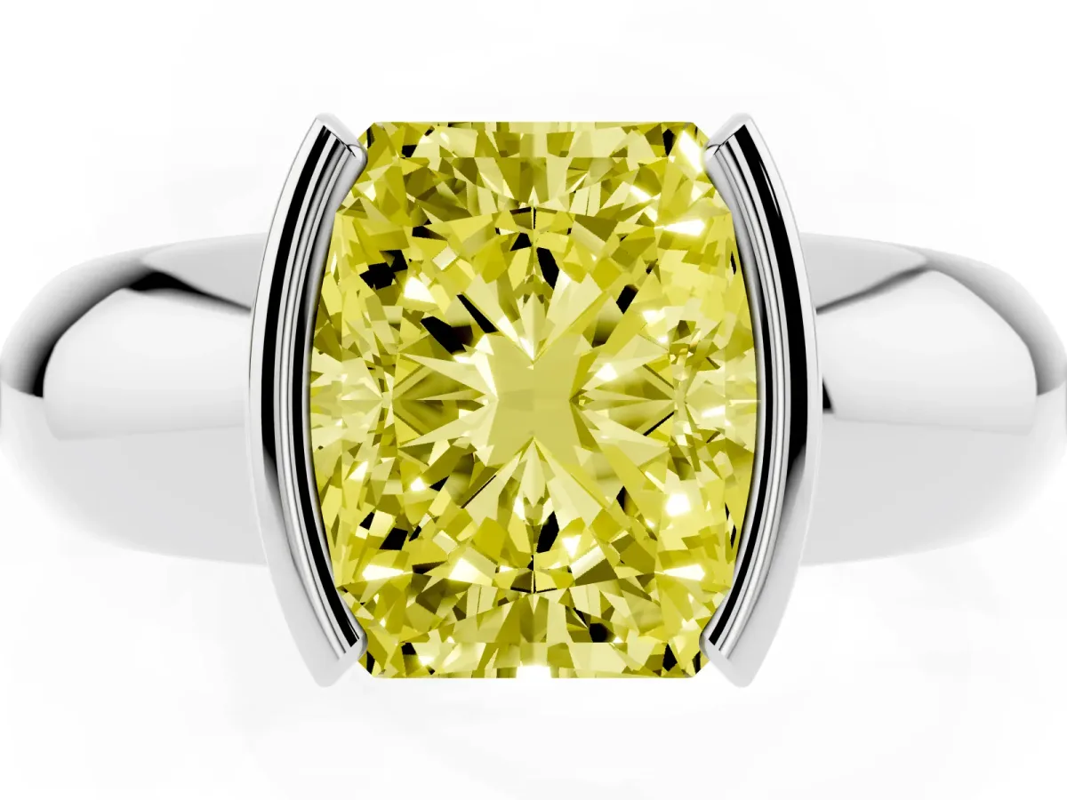 Fancy Yellow Radiant Cut Solitaire Tension Set Diamond Ring with Wide Band Silver
