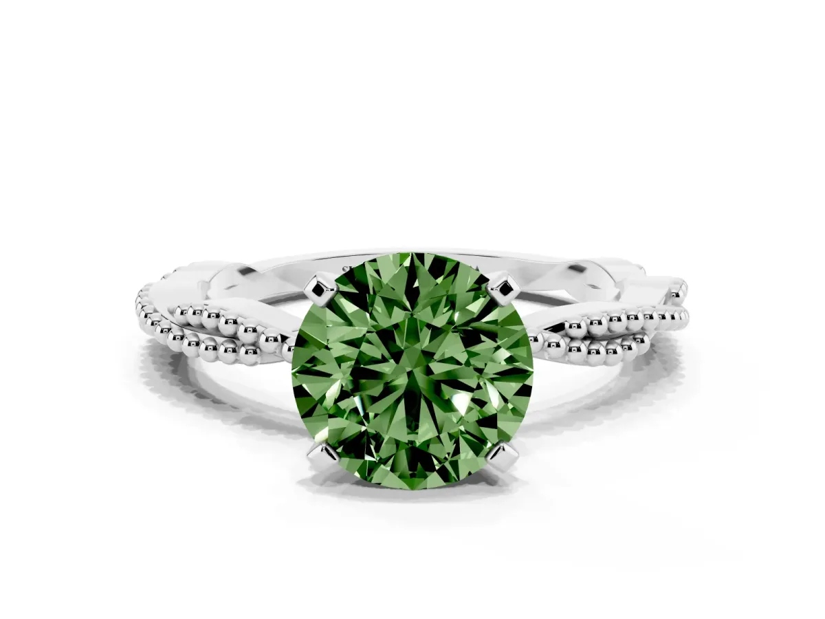 Fancy Green Round Cut Solitaire Twisted Band with Bead Prong Setting White gold