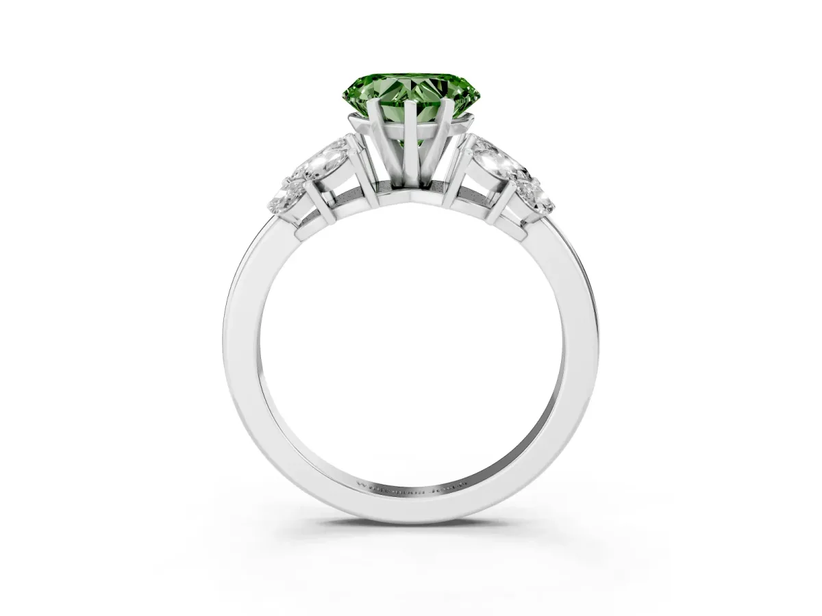 Fancy Green Heart Cut Diamond Cluster Leaf Design Ring with Prong Setting White gold