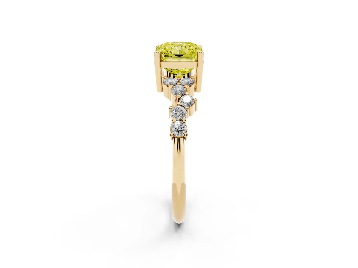 Fancy Yellow Radiant Cut Diamond Scattered Round Accent Ring with Prong Setting Yellow gold