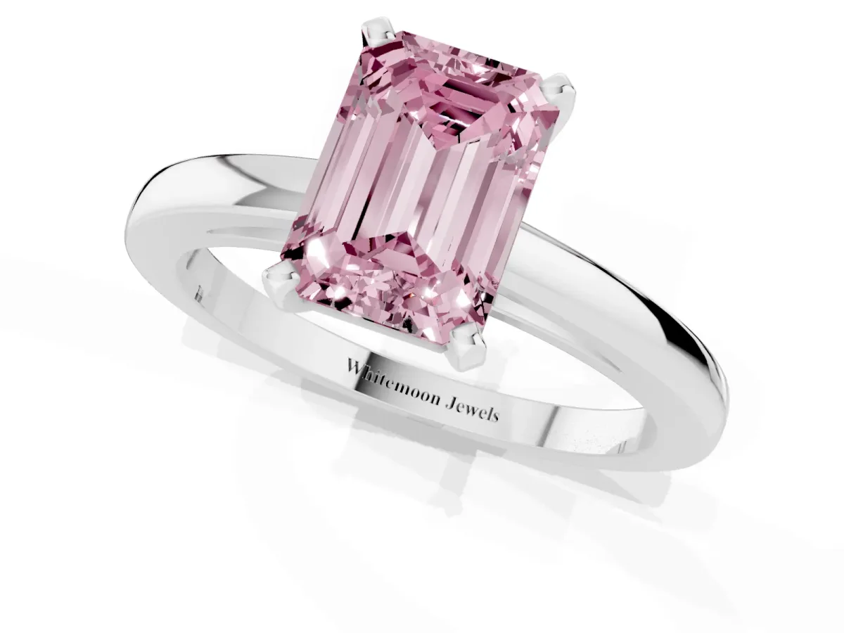 Fancy Pink Emerald Cut Solitaire Diamond Engagement Ring with Four-Prong Setting on a Classic Band White gold