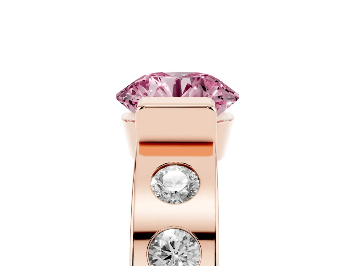 Fancy Pink Round Cut Brilliant Channel-Set Diamond Ring with Bezel Prong Setting Rose gold