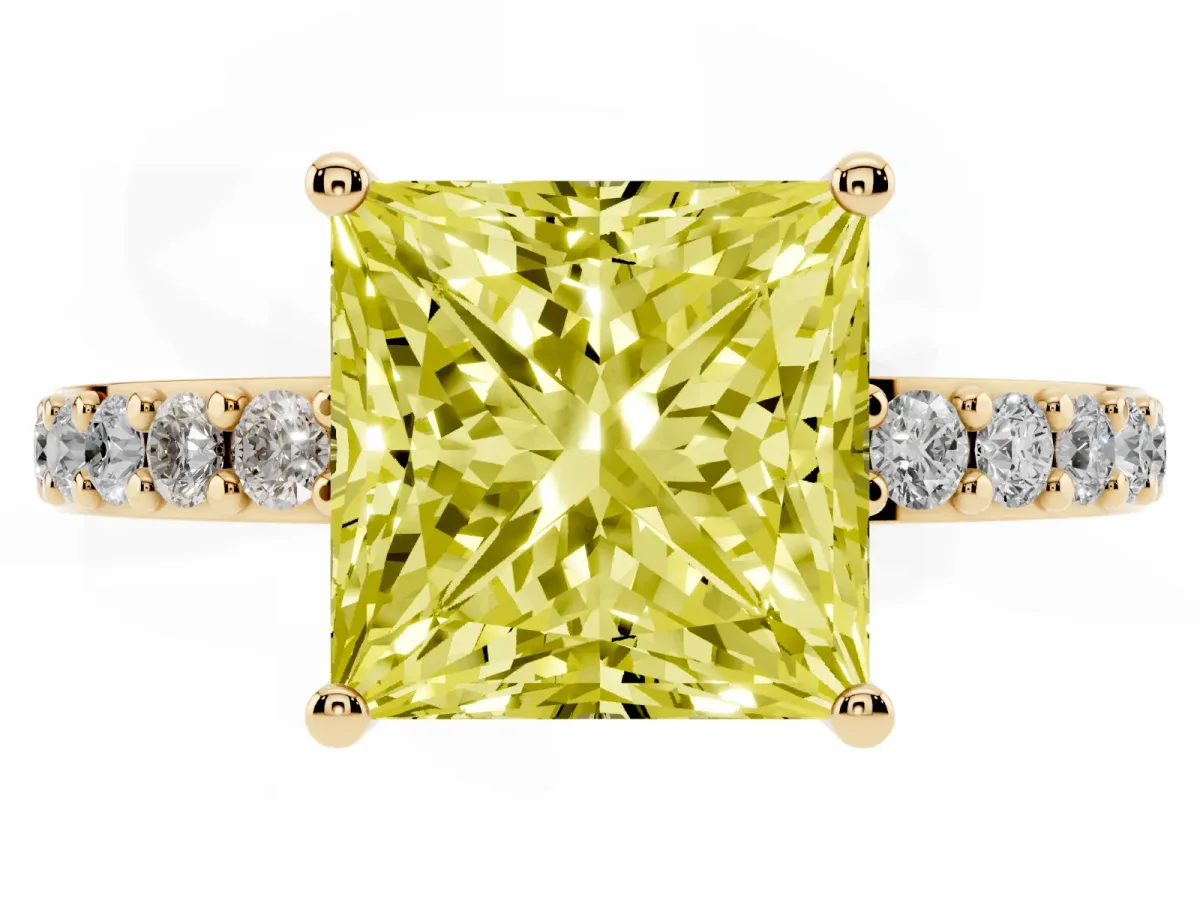 Fancy Yellow Princess Cut Cut Diamond Solitaire with Pave Band and Four-Prong Setting Yellow gold