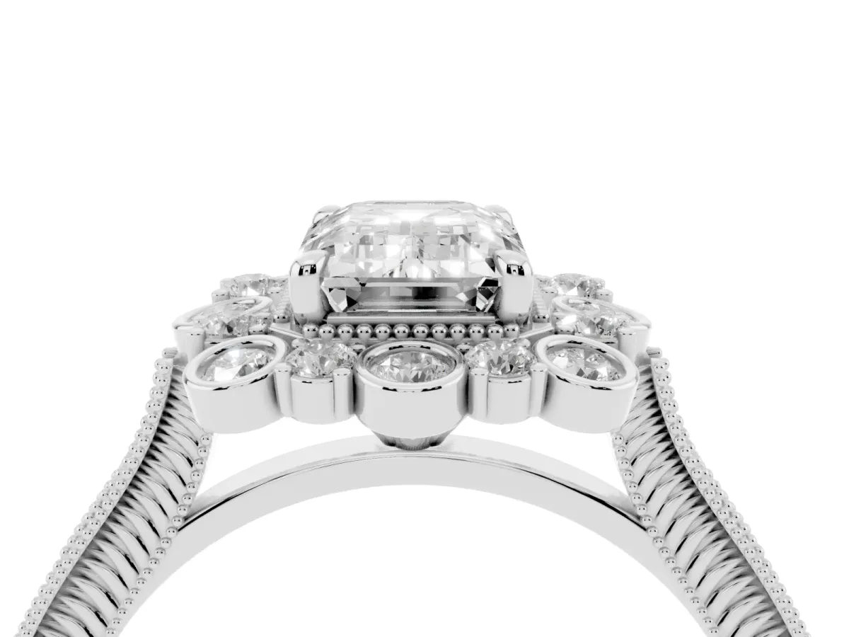 Emerald Cut Halo Milgrain Pave Diamond Ring with Four-Prong Setting Platinum
