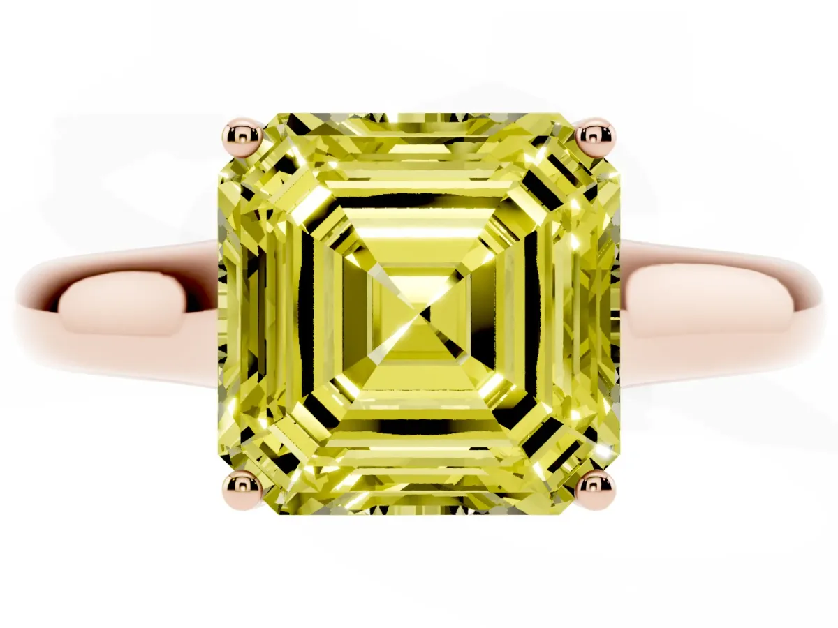 Fancy Yellow Asscher Cut Solitaire Engagement Ring with Tapered Band and Four-Prong Setting Rose gold