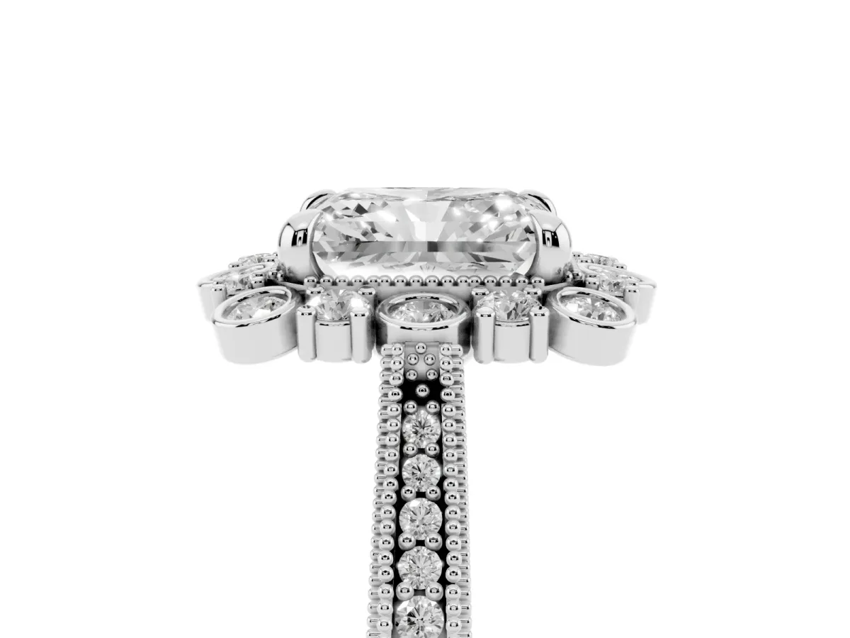 Radiant Cut Halo Milgrain Pave Diamond Ring with Four-Prong Setting Silver