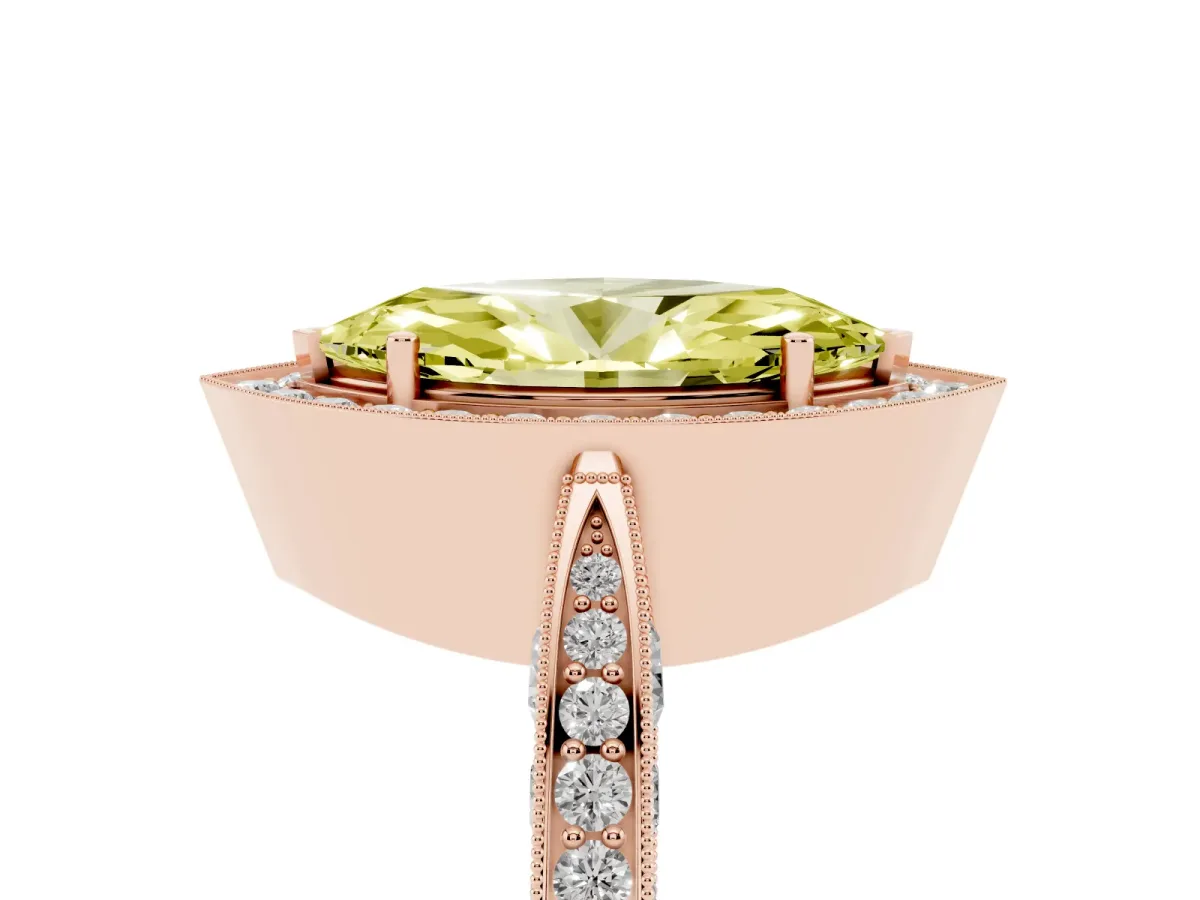 Fancy Yellow Marquise Cut Halo Diamond Engagement Ring with Split Shank Band and Four-Prong Setting Rose gold