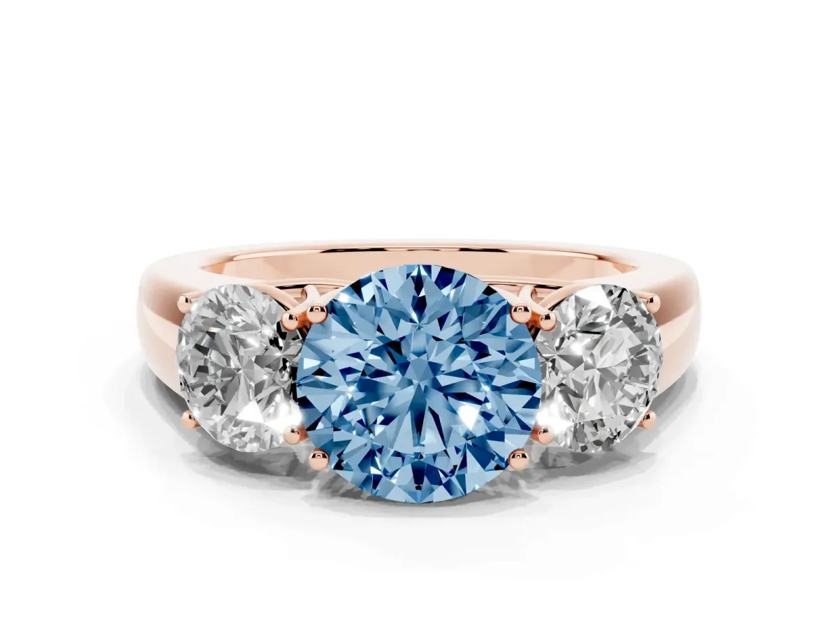 Fancy Blue Three-Stone Round Cut Cut Diamond Ring with Prong Setting and Classic Band Rose gold