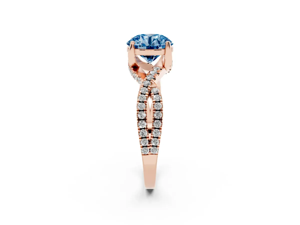 Fancy Blue Round Cut Solitaire Twist Pave Diamond Engagement Ring with Prong Setting Rose gold