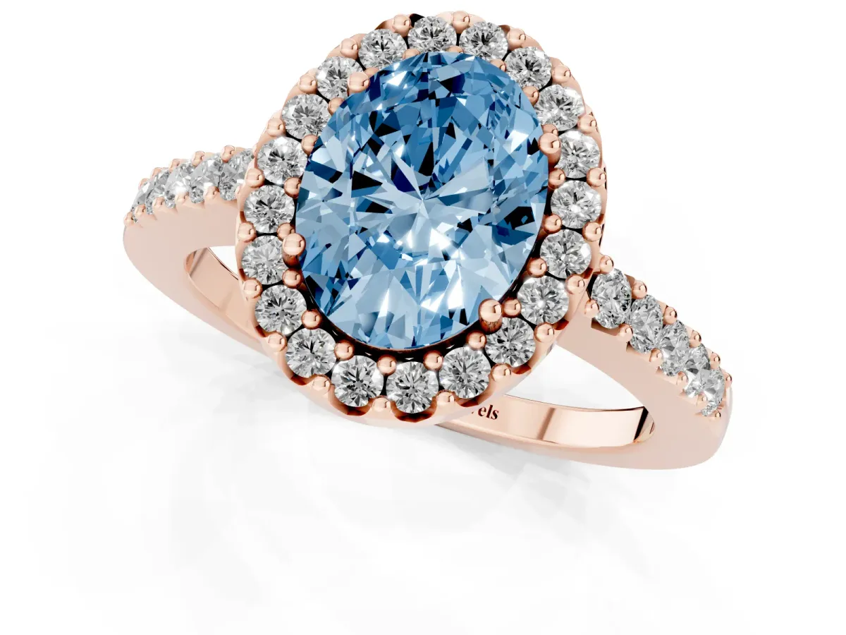 Fancy Blue Oval Cut Halo Diamond Pavé Solitaire Ring Rose gold