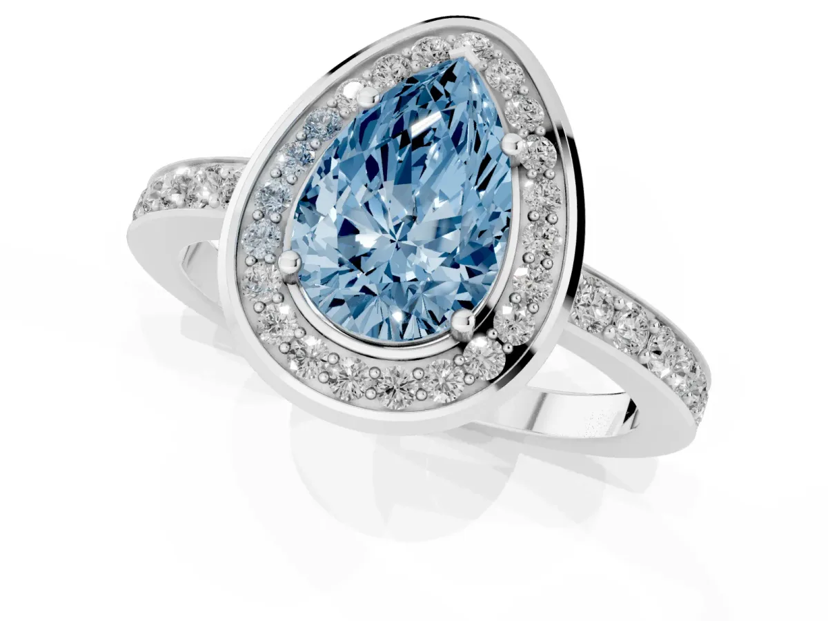 Fancy Blue Pear Cut Diamond Halo Ring with Bezel Frame and Pavé Band Silver