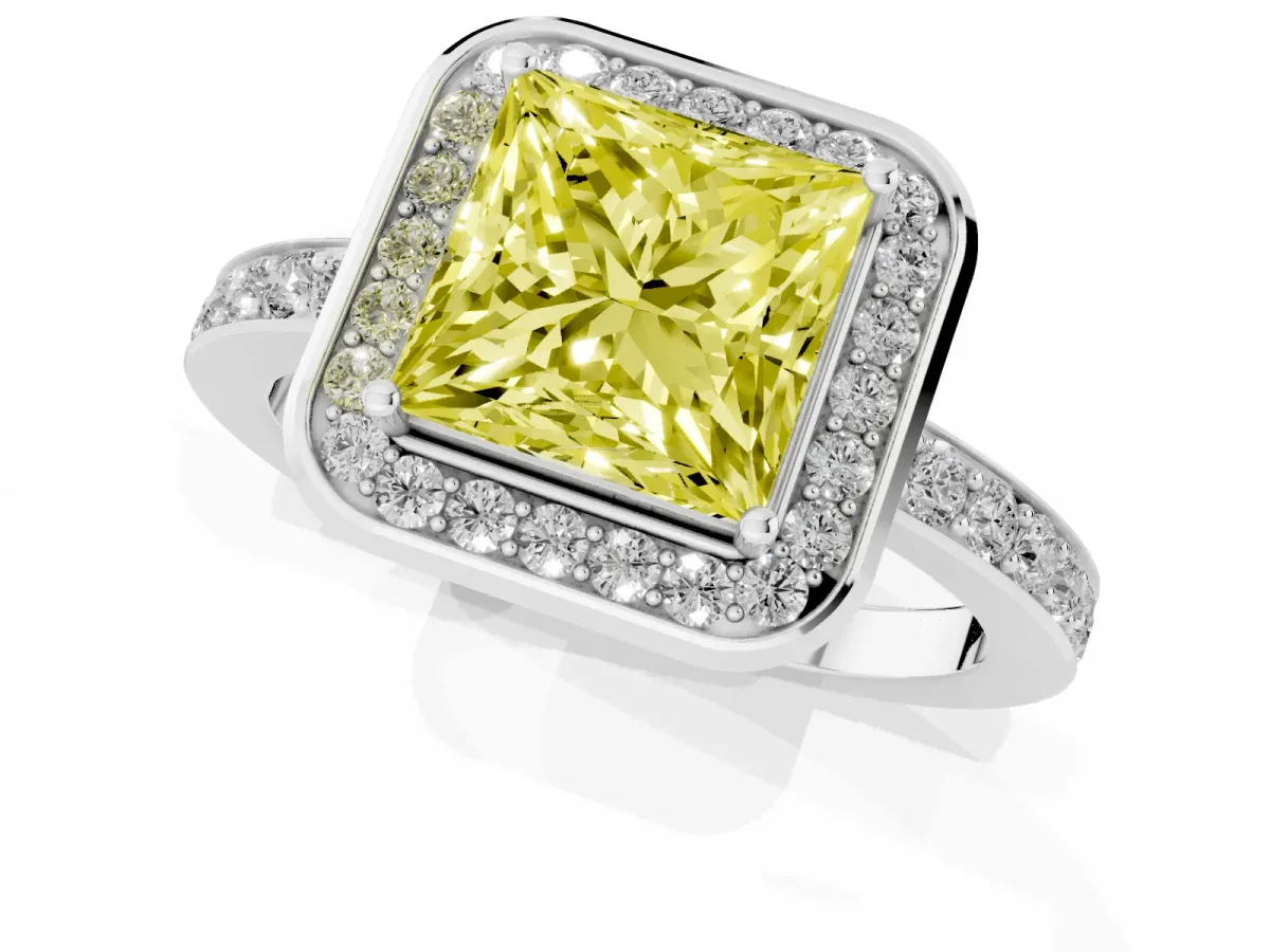 Fancy Yellow Princess Cut Diamond Halo Ring with Bezel Frame and Pavé Band Platinum