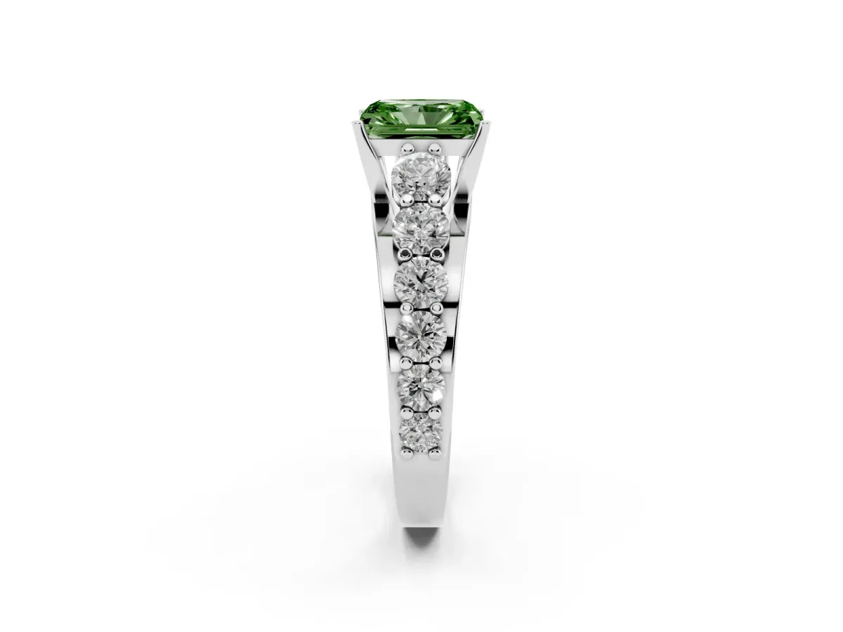 Fancy Green Radiant Cut Diamond Engagement Ring with Pavé Band and Four-Prong Setting Silver