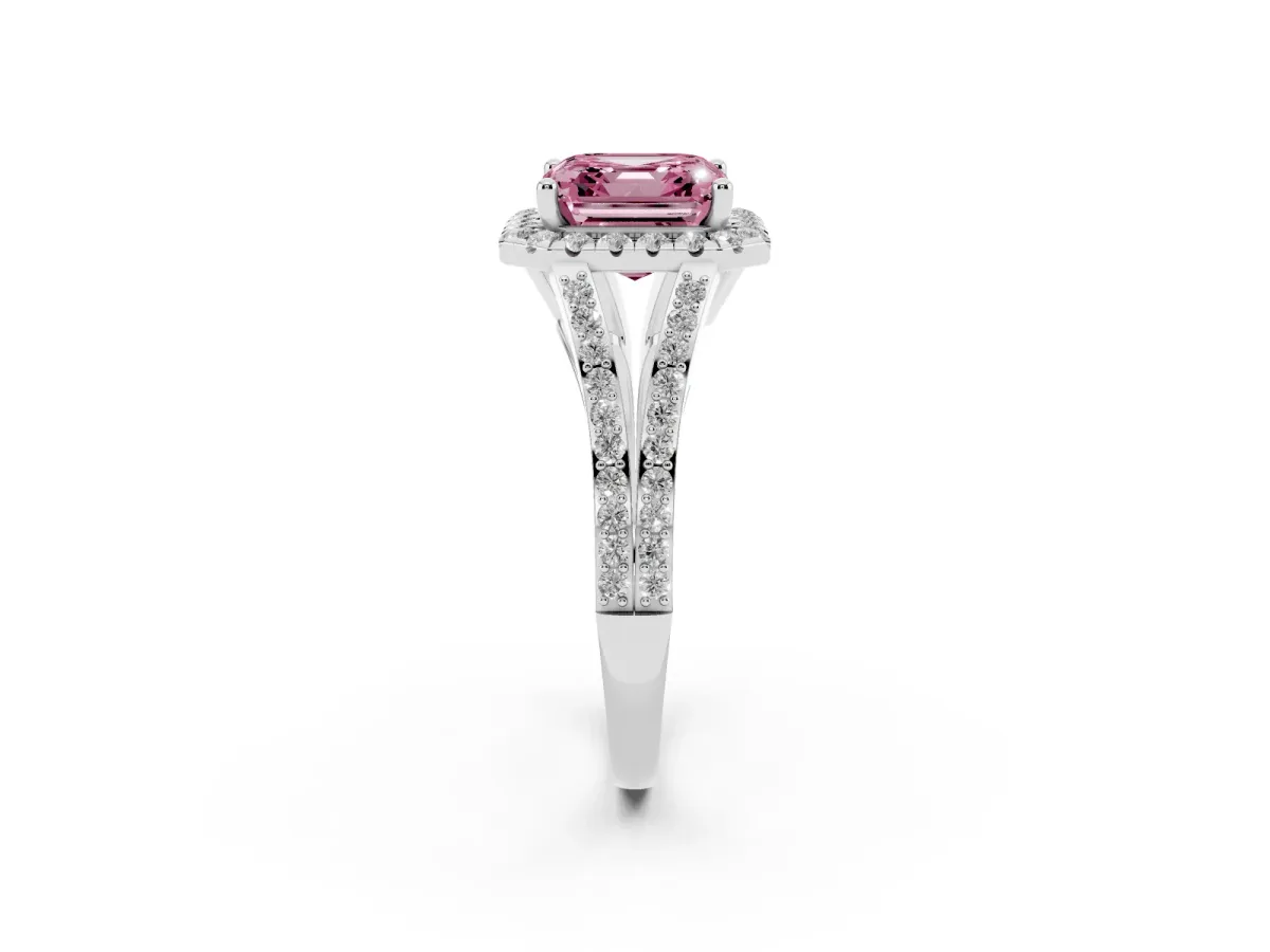 Fancy Pink Asscher Cut Halo Split Shank Diamond Ring with Prong Setting Silver