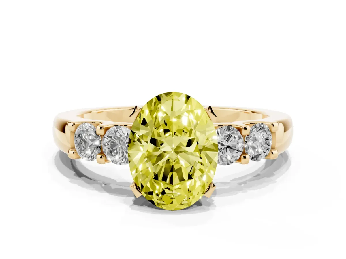 Fancy Yellow Oval Cut Brilliant Cut Diamond Five-Stone Prong Set Engagement Ring with Channel Band Yellow gold
