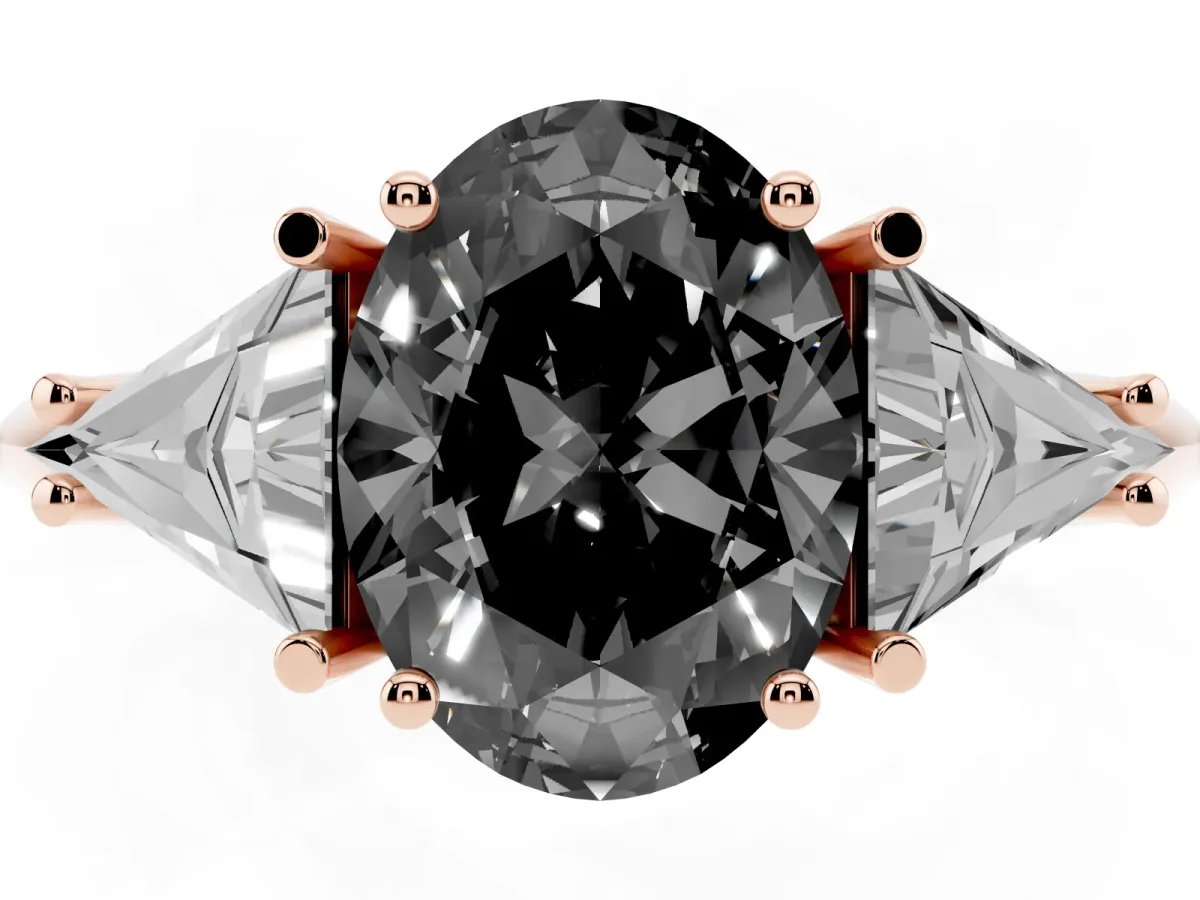 Fancy Black Three-Stone Oval Cut Diamond Engagement Ring with Trillion Side Stones and Prong Setting Rose gold