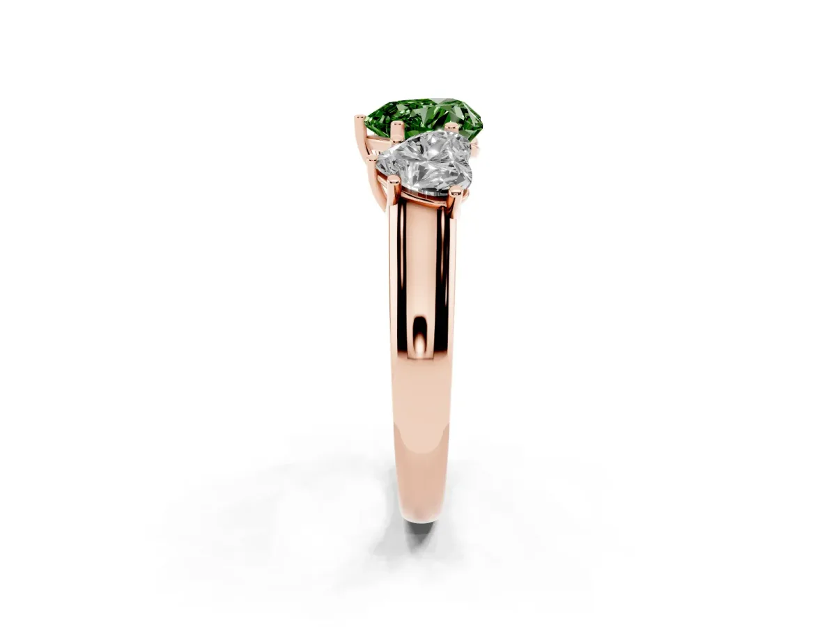 Fancy Green Heart Cut Three-Stone Diamond Ring with Prong Setting on a Classic Band Rose gold