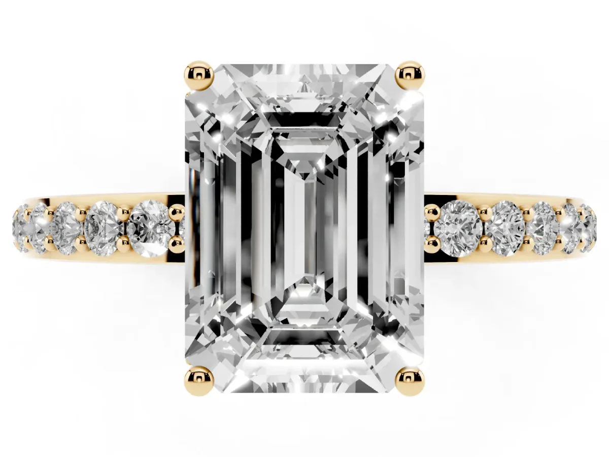 Emerald Cut Diamond Solitaire Ring with Pavé Band and Hidden Halo Yellow gold