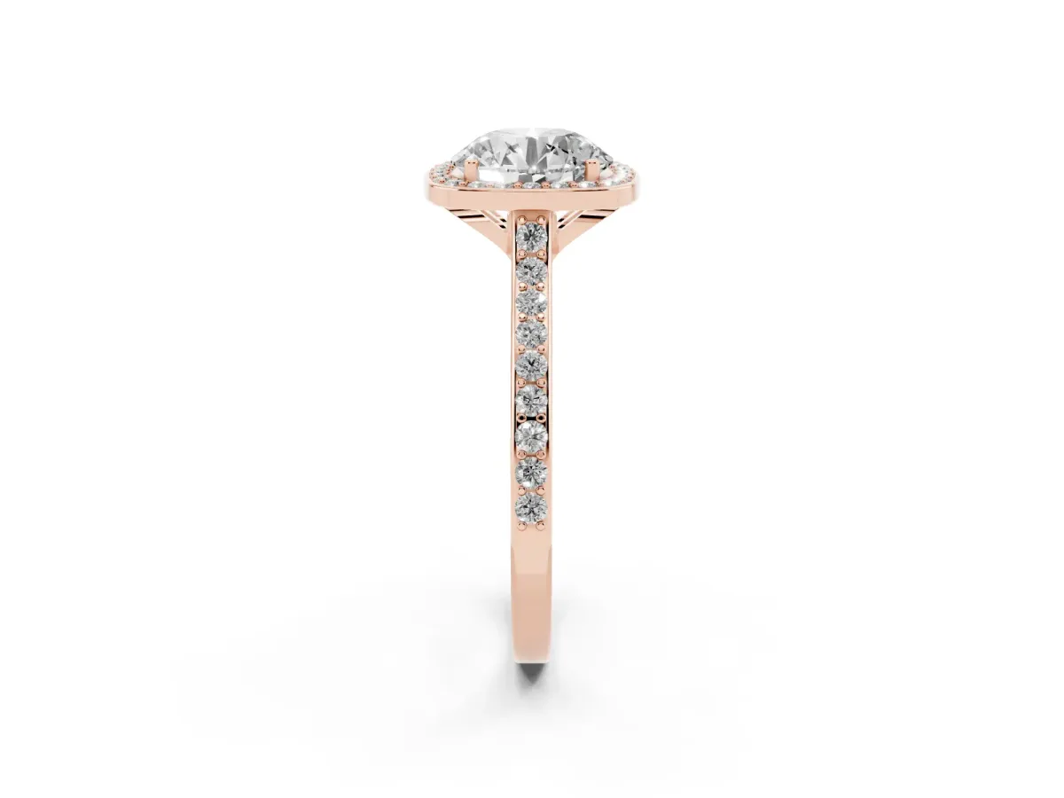 Round Cut Diamond Halo Engagement Ring with Round Pavé Shoulders and Prong Setting Rose gold