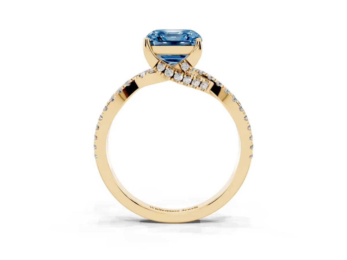 Fancy Blue Asscher Cut Solitaire Twist Pave Diamond Engagement Ring with Prong Setting Yellow gold