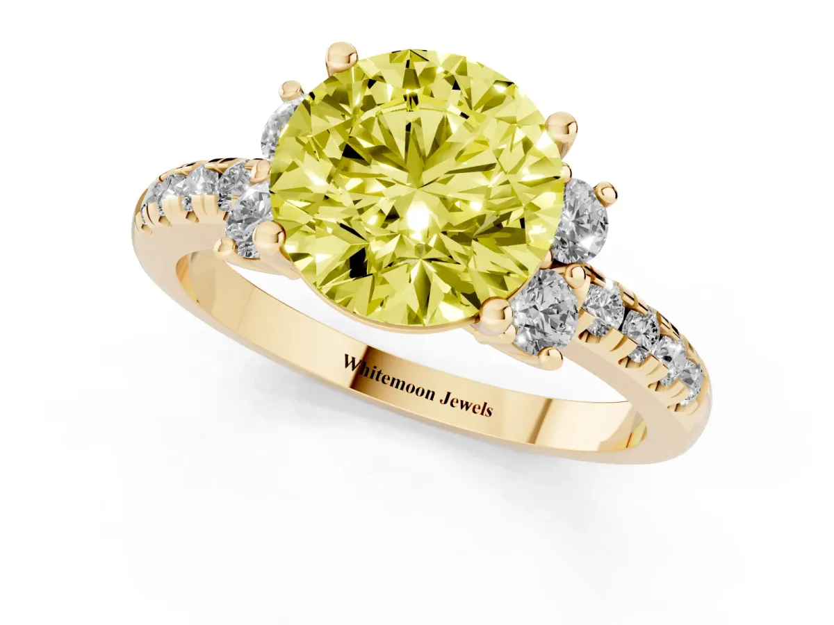 Fancy Yellow Round Cut Diamond Three-Stone Pave Band with Four-Prong Setting Yellow gold